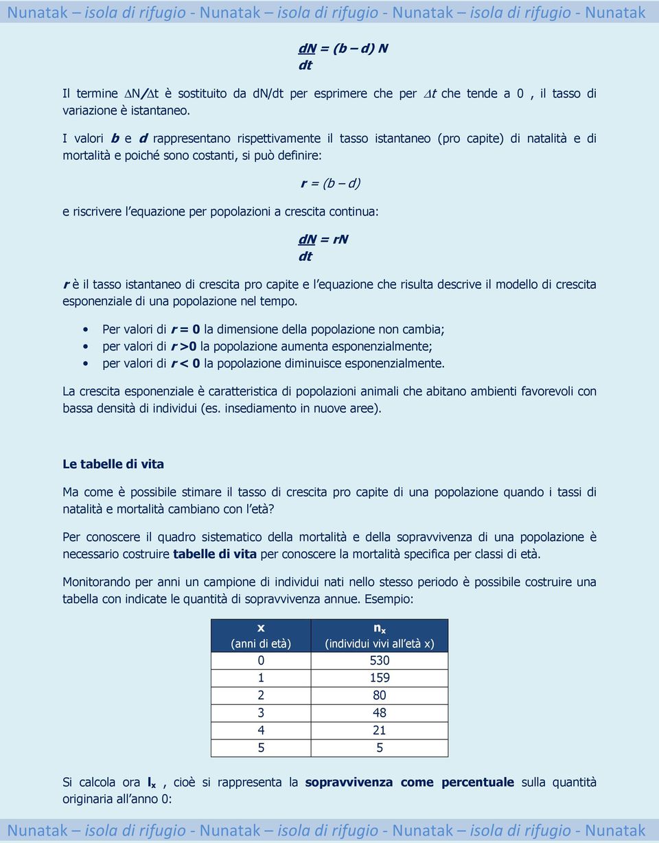 crescita continua: dn = rn dt r è il tasso istantaneo di crescita pro capite e l equazione che risulta descrive il modello di crescita esponenziale di una popolazione nel tempo.