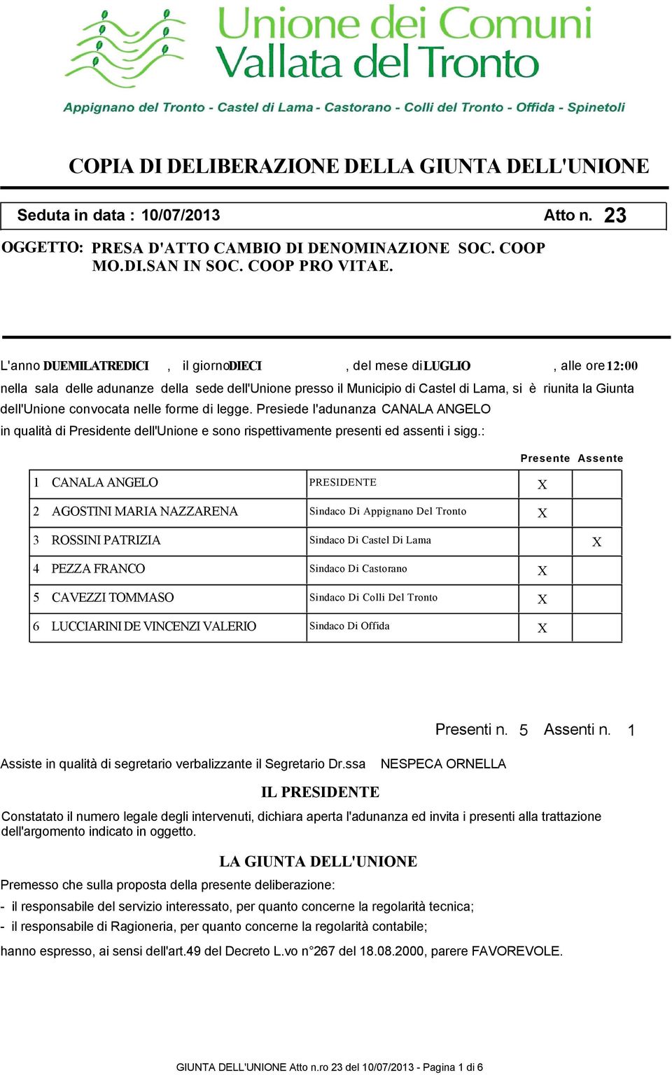 convocata nelle forme di legge. Presiede l'adunanza CANALA ANGELO in qualità di Presidente dell'unione e sono rispettivamente presenti ed assenti i sigg.