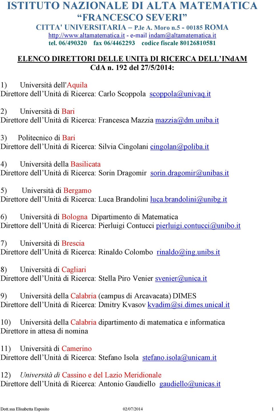 it 4) Università della Basilicata Direttore dell Unità di Ricerca: Sorin Dragomir sorin.dragomir@unibas.it 5) Università di Bergamo Direttore dell Unità di Ricerca: Luca Brandolini luca.