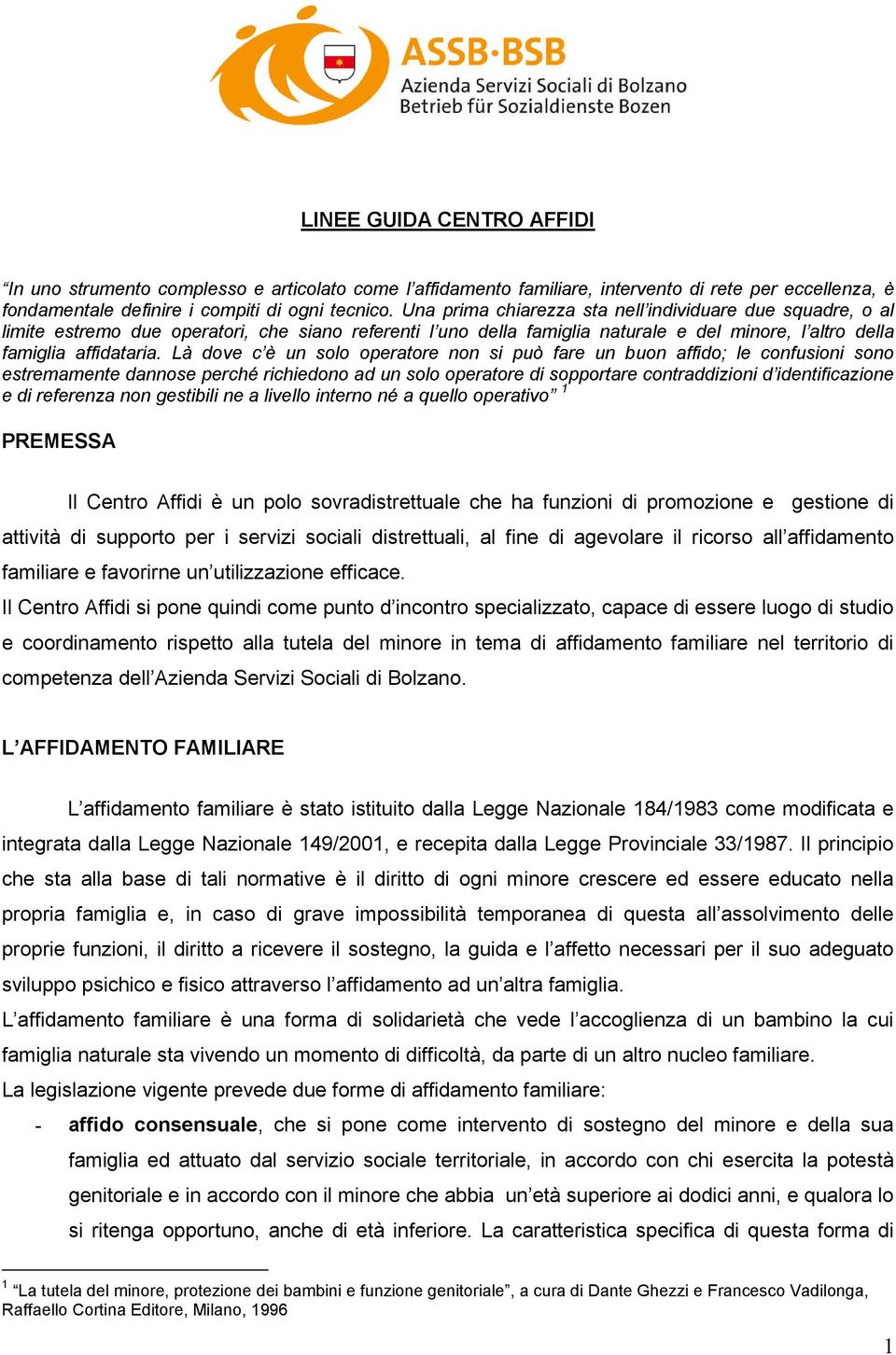 Là dove c è un solo operatore non si può fare un buon affido; le confusioni sono estremamente dannose perché richiedono ad un solo operatore di sopportare contraddizioni d identificazione e di