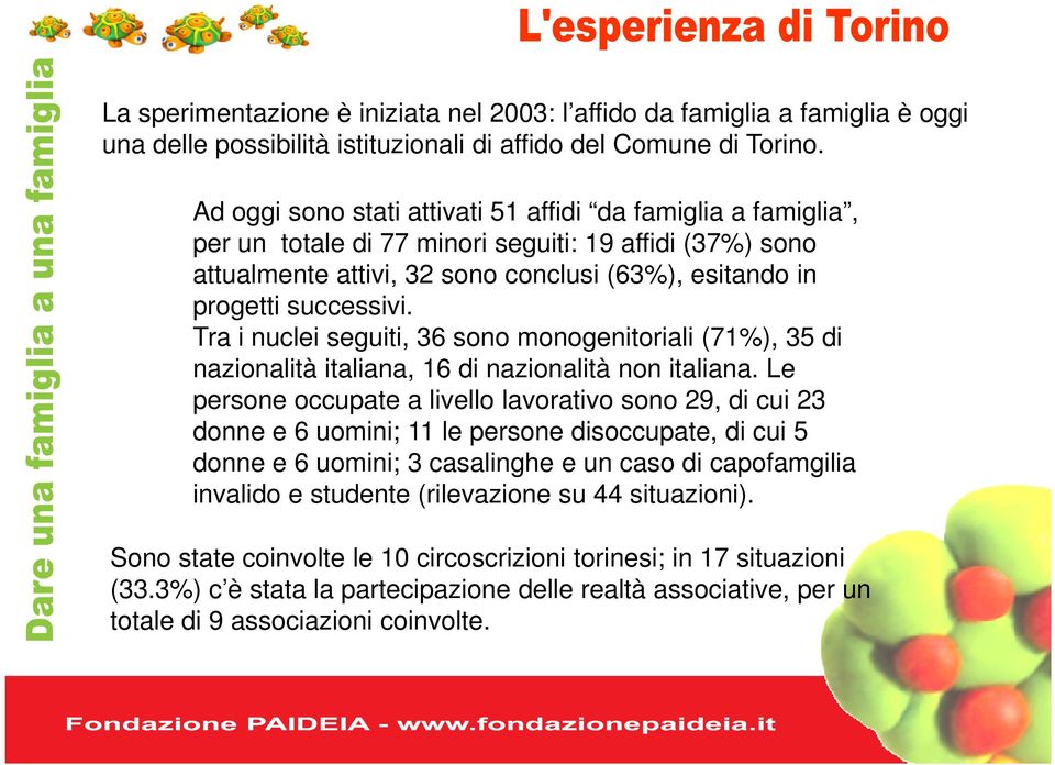 Tra i nuclei seguiti, 36 sono monogenitoriali (71%), 35 di nazionalità italiana, 16 di nazionalità non italiana.
