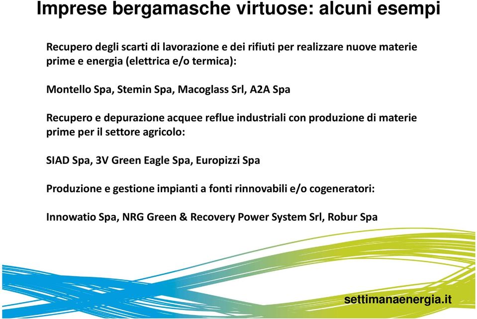 reflue industriali con produzione di materie prime per il settore agricolo: SIAD Spa, 3V Green Eagle Spa, Europizzi Spa