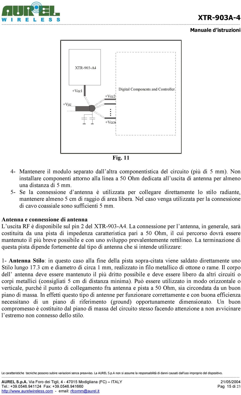 5- Se la connessione d antenna è utilizzata per collegare direttamente lo stilo radiante, mantenere almeno 5 cm di raggio di area libera.