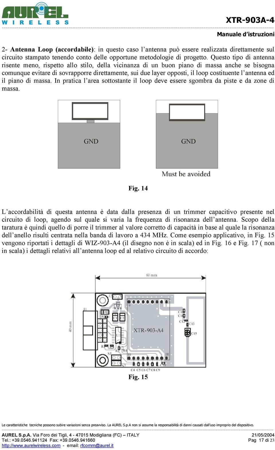 costituente l antenna ed il piano di massa. In pratica l area sottostante il loop deve essere sgombra da piste e da zone di massa. GND GND Must be avoided Fig.