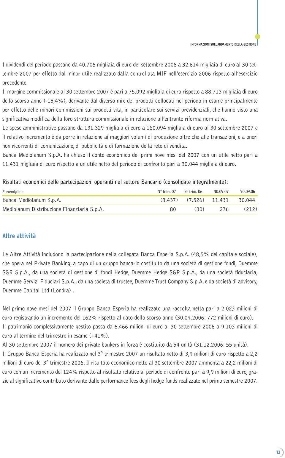 Il margine commissionale al 30 settembre 2007 è pari a 75.092 migliaia di euro rispetto a 88.