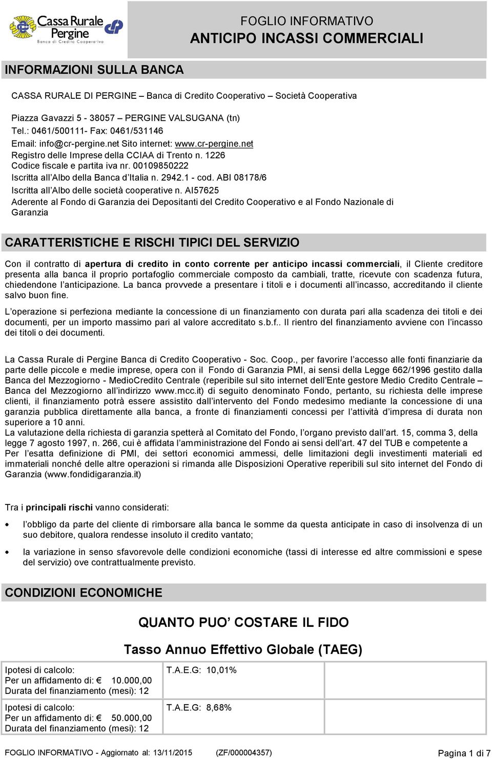 00109850222 Iscritta all Albo della Banca d Italia n. 2942.1 - cod. ABI 08178/6 Iscritta all Albo delle società cooperative n.