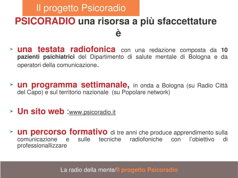 un programma settimanale, in onda a Bologna (su Radio Città del Capo) e sul territorio nazionale (su Popolare network) Un