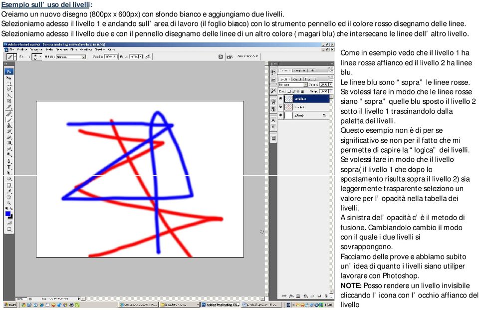 Selezioniamo adesso il livello due e con il pennello disegnamo delle linee di un altro colore ( magari blu) che intersecano le linee dell altro livello.