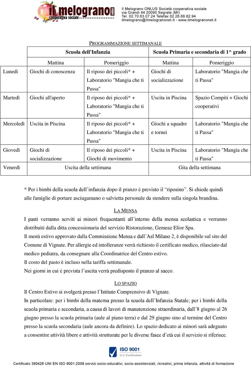 cooperativi Passa" Mercoledì Uscita in Piscina Il riposo dei piccoli* + Laboratorio "Mangia che ti Giochi a squadre e tornei Laboratorio "Mangia che ti Passa" Passa" Giovedì Giochi di socializzazione