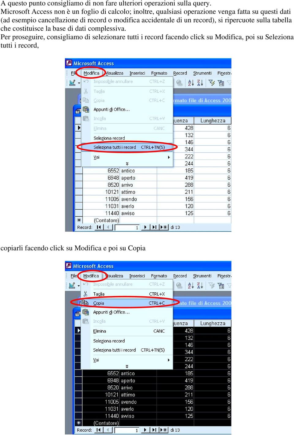 cancellazione di record o modifica accidentale di un record), si ripercuote sulla tabella che costituisce la base di dati