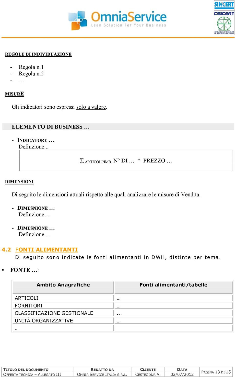 N DI * PREZZO DIMENSIONI Di seguito le dimensioni attuali rispetto alle quali analizzare le misure di Vendita.