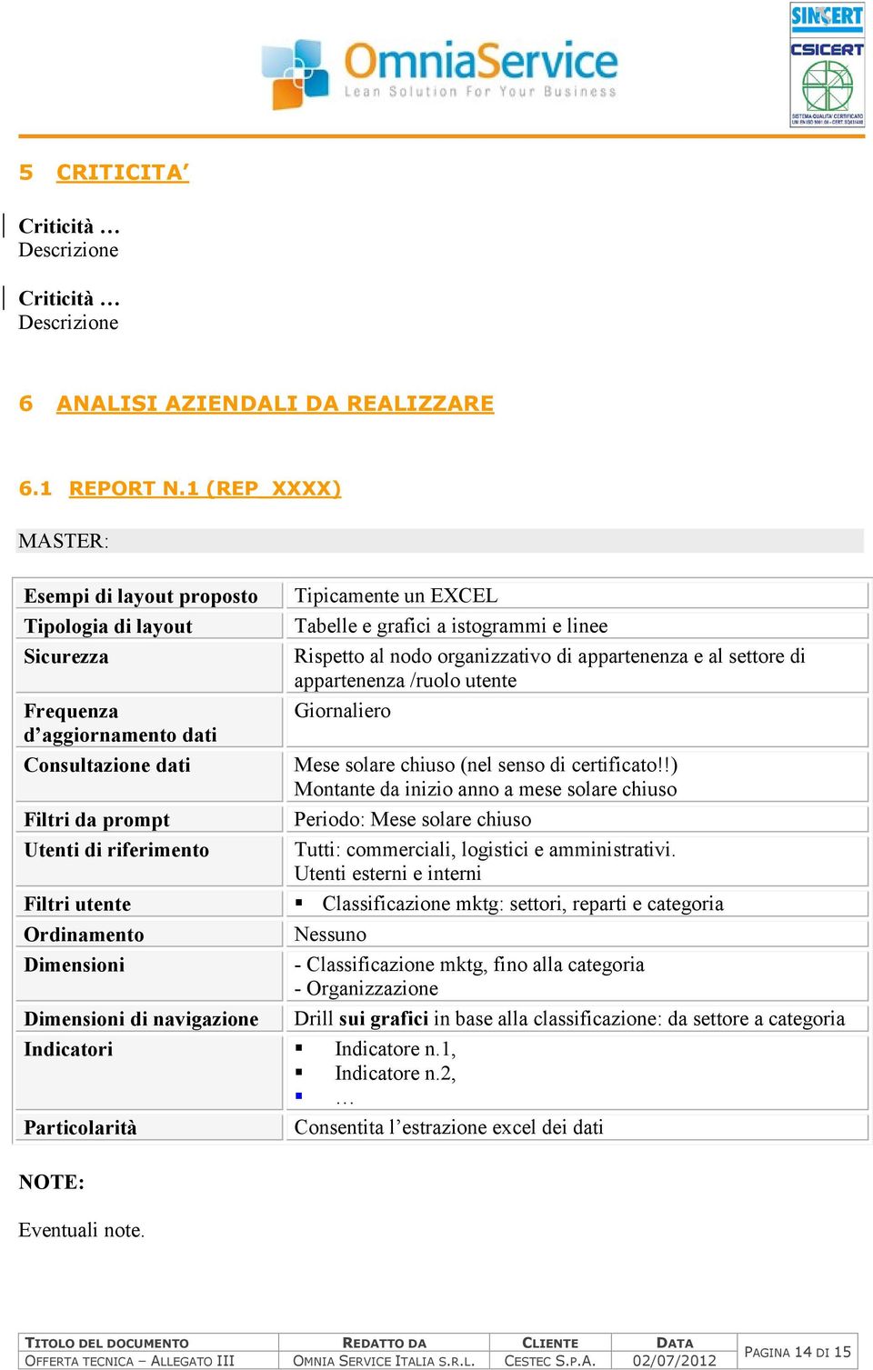 Dimensioni Dimensioni di navigazione Tipicamente un EXCEL Tabelle e grafici a istogrammi e linee Rispetto al nodo organizzativo di appartenenza e al settore di appartenenza /ruolo utente Giornaliero