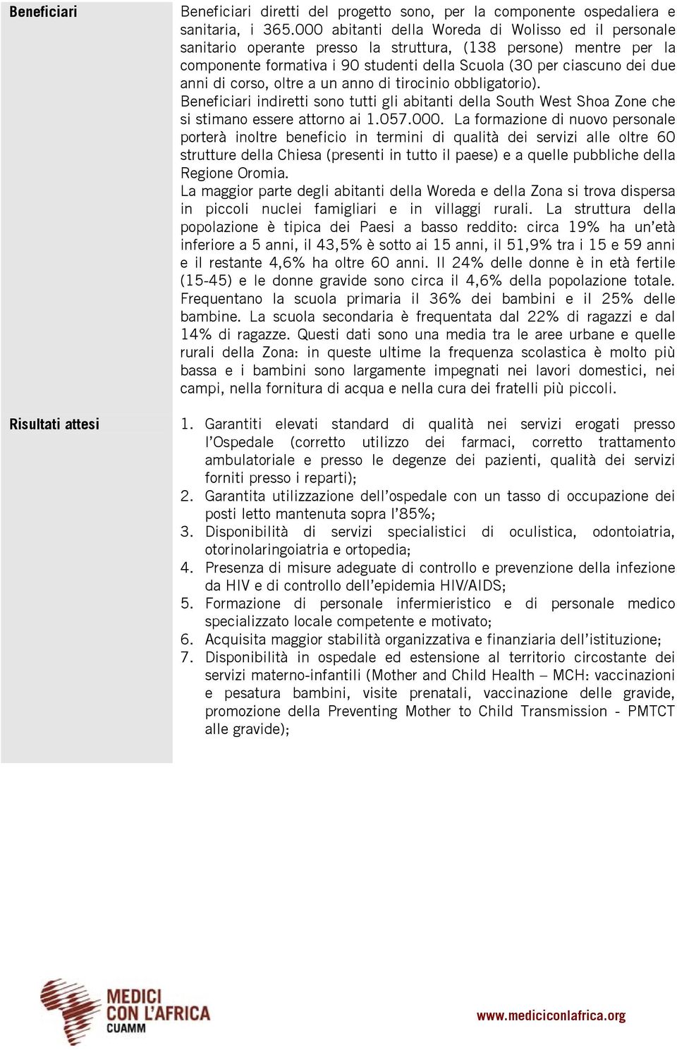 di corso, oltre a un anno di tirocinio obbligatorio). Beneficiari indiretti sono tutti gli abitanti della South West Shoa Zone che si stimano essere attorno ai 1.057.000.