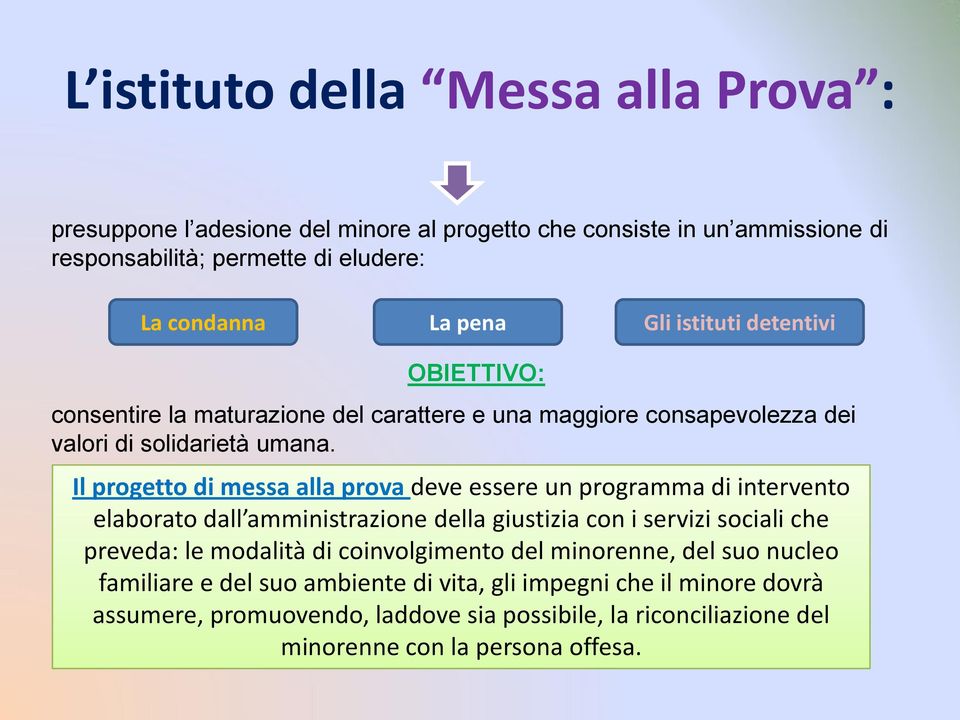 Il progetto di messa alla prova deve essere un programma di intervento elaborato dall amministrazione della giustizia con i servizi sociali che preveda: le modalità di