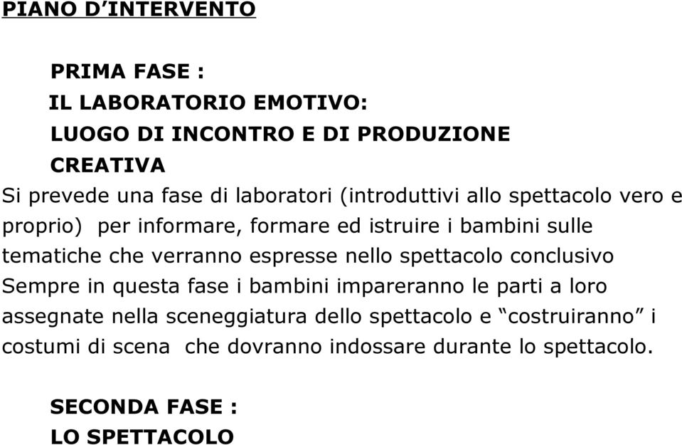 verranno espresse nello spettacolo conclusivo Sempre in questa fase i bambini impareranno le parti a loro assegnate nella