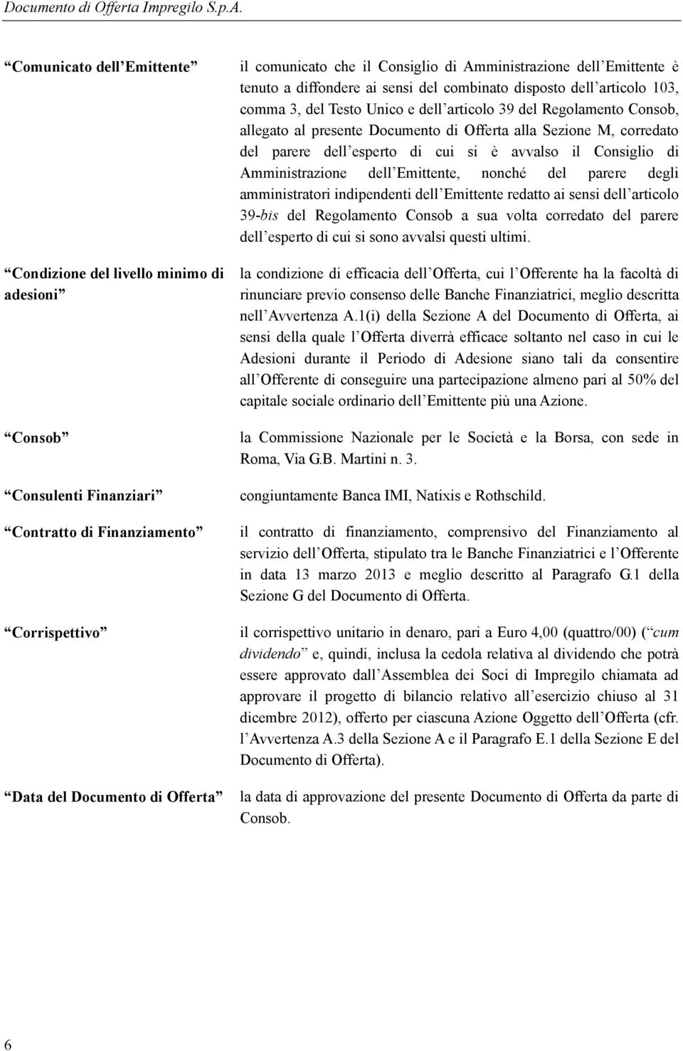 Documento di Offerta alla Sezione M, corredato del parere dell esperto di cui si è avvalso il Consiglio di Amministrazione dell Emittente, nonché del parere degli amministratori indipendenti dell