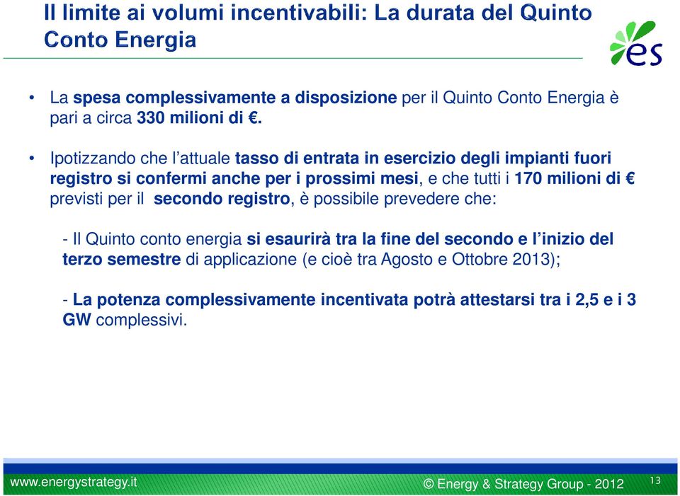 i 170 milioni di previsti per il secondo registro, è possibile prevedere che: - Il Quinto conto energia si esaurirà tra la fine del