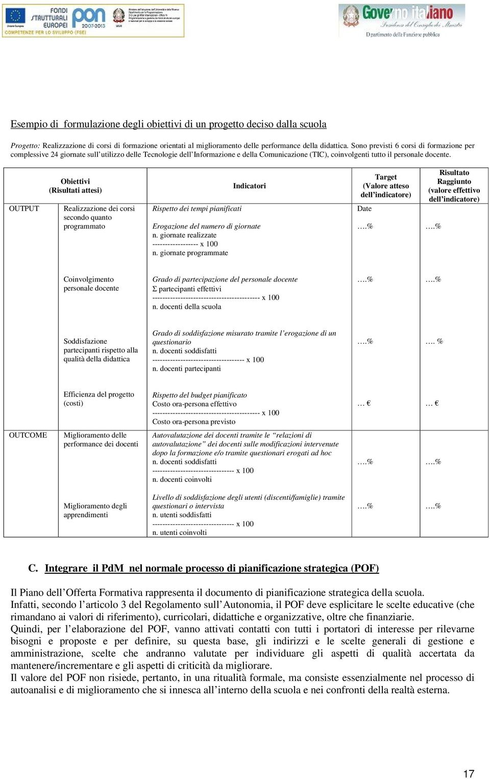 OUTPUT Obiettivi (Risultati attesi) Realizzazione dei corsi secondo quanto programmato Rispetto dei tempi pianificati Indicatori Erogazione del numero di giornate n.