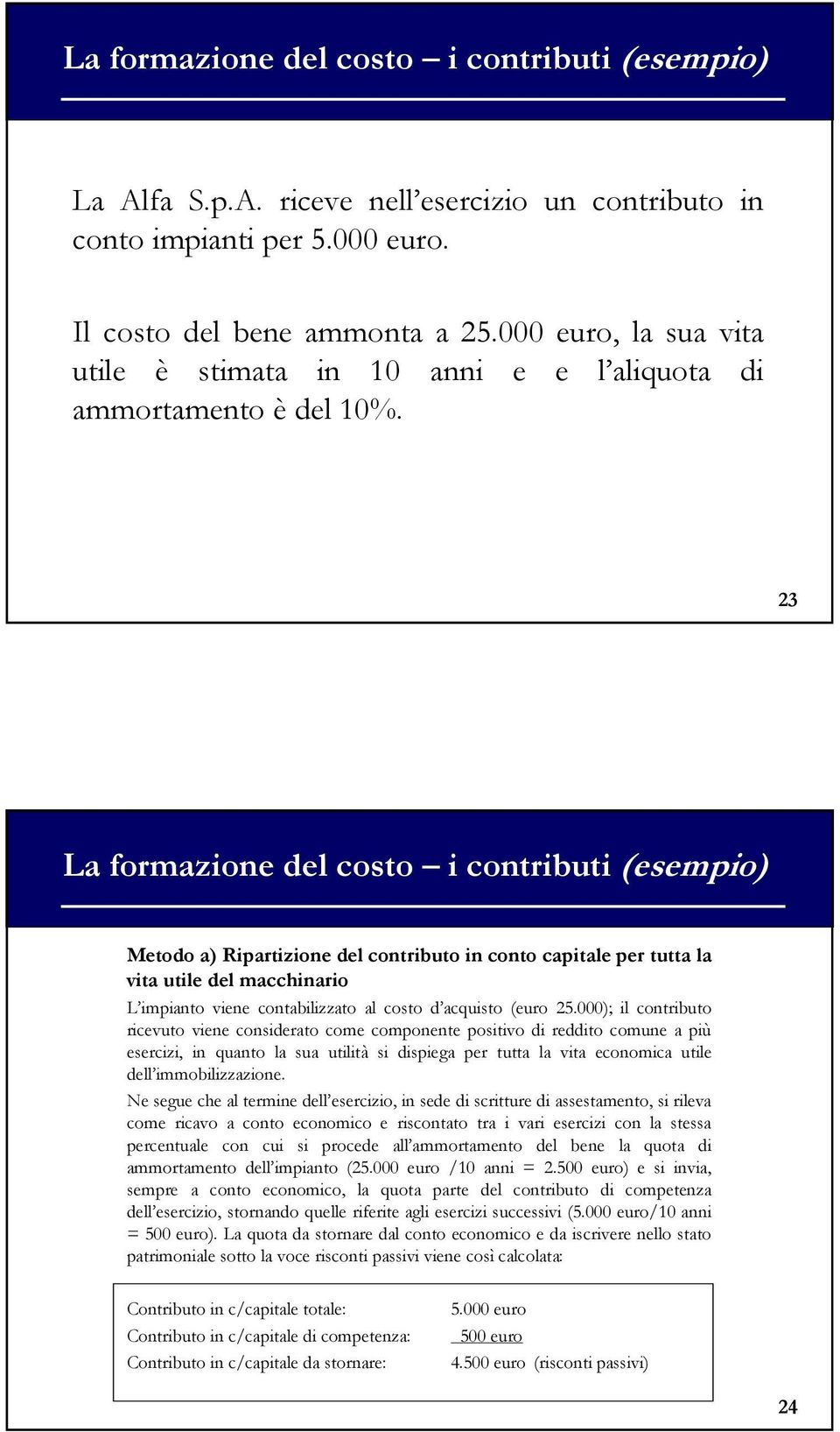 23 La formazione del costo i contributi (esempio) Metodo a) Ripartizione del contributo in conto capitale per tutta la vita utile del macchinario L impianto viene contabilizzato al costo d acquisto