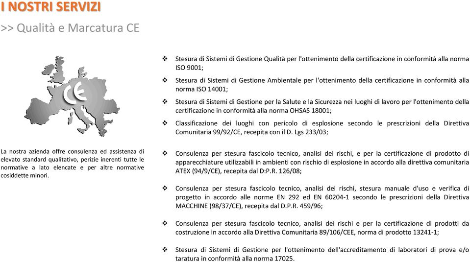 norma OHSAS 18001; Classificazione dei luoghi con pericolo di esplosione secondo le prescrizioni della Direttiva Comunitaria 99/92/CE, recepita con il D.