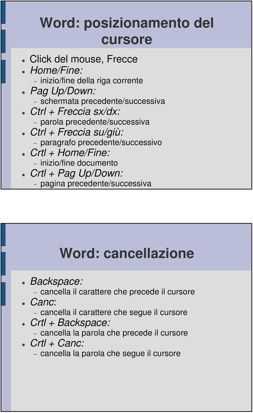 documento Crtl + Pag Up/Down: pagina precedente/successiva Word: cancellazione Backspace: cancella il carattere che precede il cursore Canc: