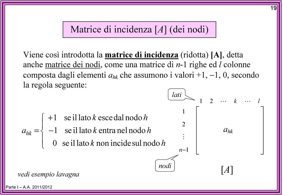 assumono alor,,, secondo la regola seguente: a hk se l lato k esce dal nodo h se l lato k