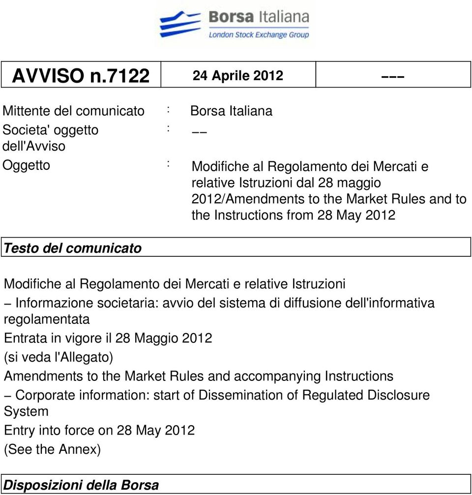 maggio 2012/Amendments to the Market Rules and to the Instructions from 28 May 2012 Testo del comunicato Modifiche al Regolamento dei Mercati e relative Istruzioni