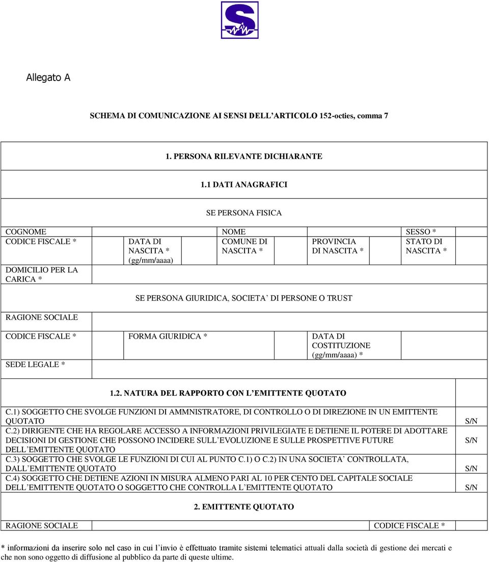 RAGIONE SOCIALE SE PERSONA GIURIDICA, SOCIETA DI PERSONE O TRUST CODICE FISCALE * FORMA GIURIDICA * DATA DI COSTITUZIONE (gg/mm/aaaa) * SEDE LEGALE * 1.2.