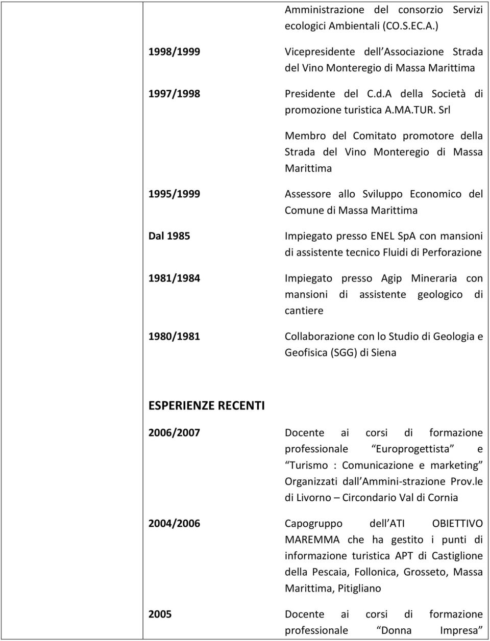 Srl Membro del Comitato promotore della Strada del Vino Monteregio di Massa Marittima 1995/1999 Assessore allo Sviluppo Economico del Comune di Massa Marittima Dal 1985 Impiegato presso ENEL SpA con