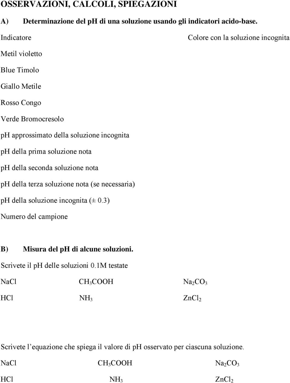 prima soluzione nota ph della seconda soluzione nota ph della terza soluzione nota (se necessaria) ph della soluzione incognita (± 0.