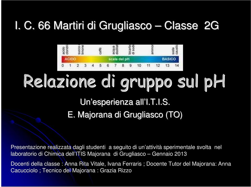svolta nel laboratorio di Chimica dell ITIS Majorana di Grugliasco Gennaio 2013 Docenti della classe :