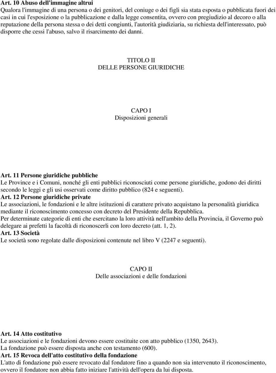 l'abuso, salvo il risarcimento dei danni. TITOLO II DELLE PERSONE GIURIDICHE CAPO I Disposizioni generali Art.