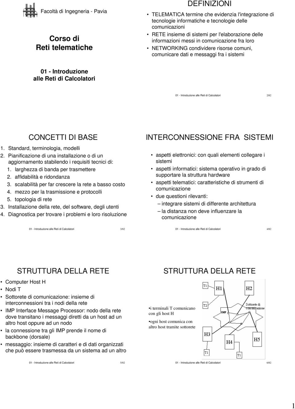 CONCETTI DI BASE 1. Standard, terminologia, modelli 2. Pianificazione di una installazione o di un aggiornamento stabilendo i requisiti tecnici di: 1. larghezza di banda per trasmettere 2.