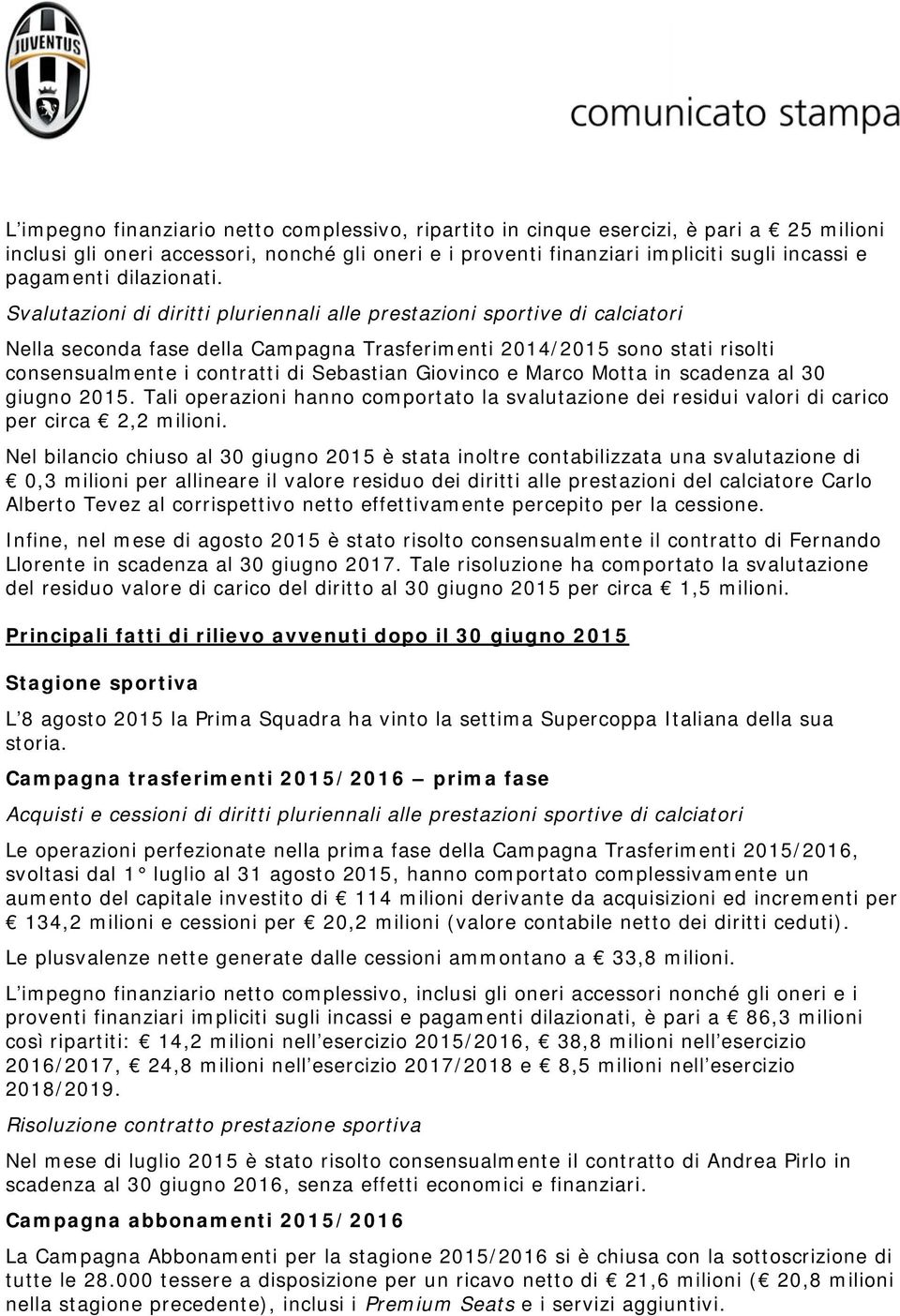 Svalutazioni di diritti pluriennali alle prestazioni sportive di calciatori Nella seconda fase della Campagna Trasferimenti 2014/2015 sono stati risolti consensualmente i contratti di Sebastian