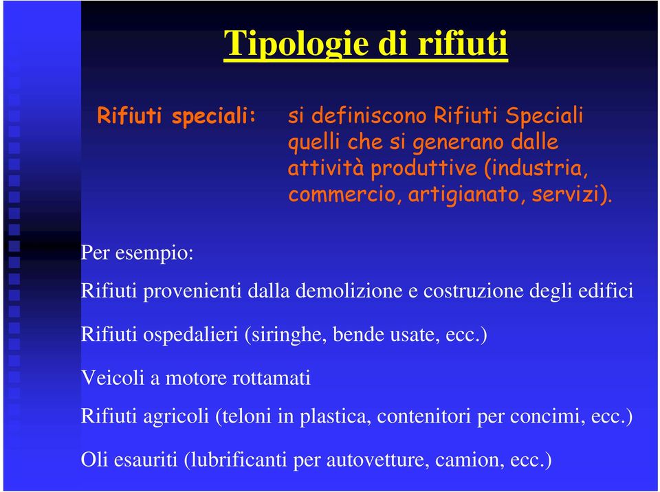 Per esempio: Rifiuti provenienti dalla demolizione e costruzione degli edifici Rifiuti ospedalieri (siringhe,