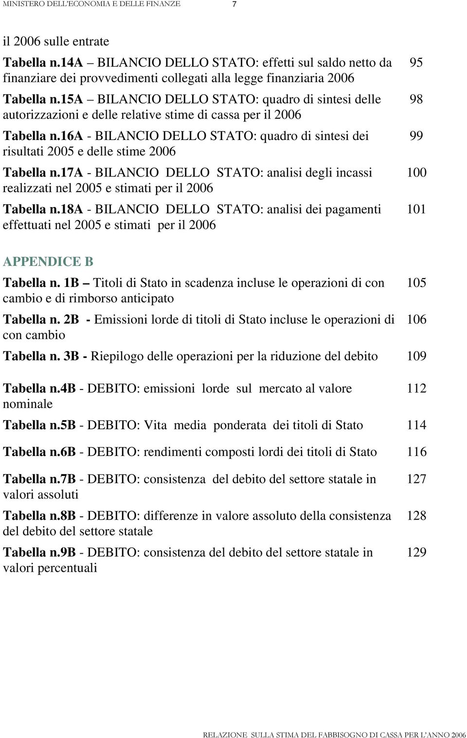 16a - BILANCIO DELLO STATO: quadro di sintesi dei risultati 2005 e delle stime 2006 Tabella n.17a - BILANCIO DELLO STATO: analisi degli incassi realizzati nel 2005 e stimati per il 2006 Tabella n.