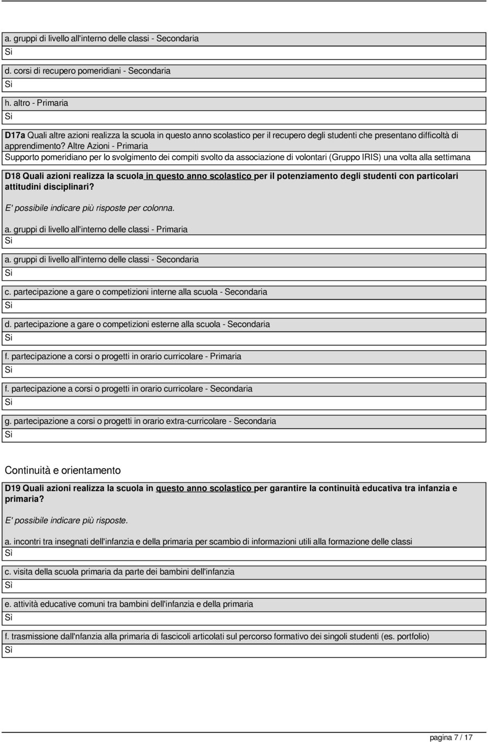 Altre Azioni - Primaria Supporto pomeridiano per lo svolgimento dei compiti svolto da associazione di volontari (Gruppo IRIS) una volta alla settimana D18 Quali azioni realizza la scuola in questo