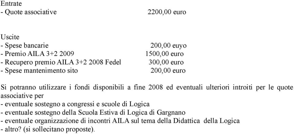 ulteriori introiti per le quote associative per - eventuale sostegno a congressi e scuole di Logica - eventuale sostegno della Scuola