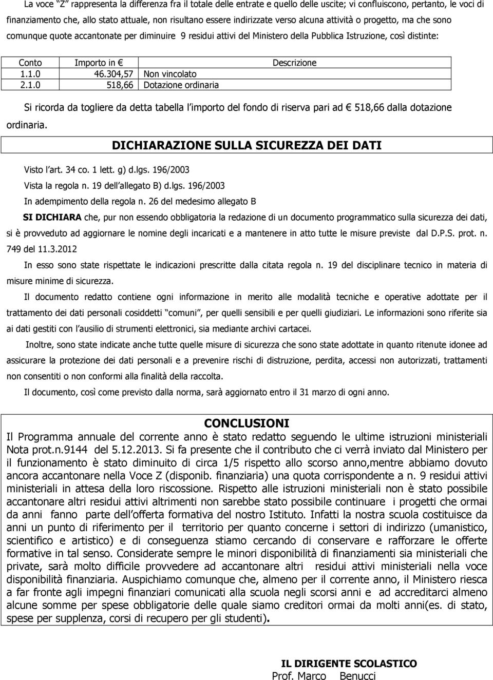 304,57 Non vincolato 2.1.0 518,66 Dotazione ordinaria Si ricorda da togliere da detta tabella l importo del fondo di riserva pari ad 518,66 dalla dotazione ordinaria. Visto l art. 34 co. 1 lett. g) d.