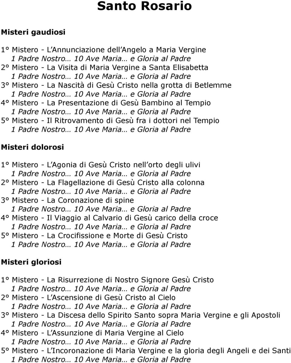 2 Mistero - La Flagellazione di Gesù Cristo alla colonna 3 Mistero - La Coronazione di spine 4 Mistero - Il Viaggio al Calvario di Gesù carico della croce 5 Mistero - La Crocifissione e Morte di Gesù