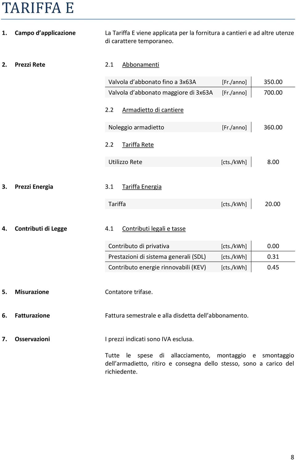 2 Armadietto di cantiere Noleggio armadietto [Fr./anno] 360.00 Tariffa [cts./kwh] 20.00 5. Misurazione Contatore trifase. 6.