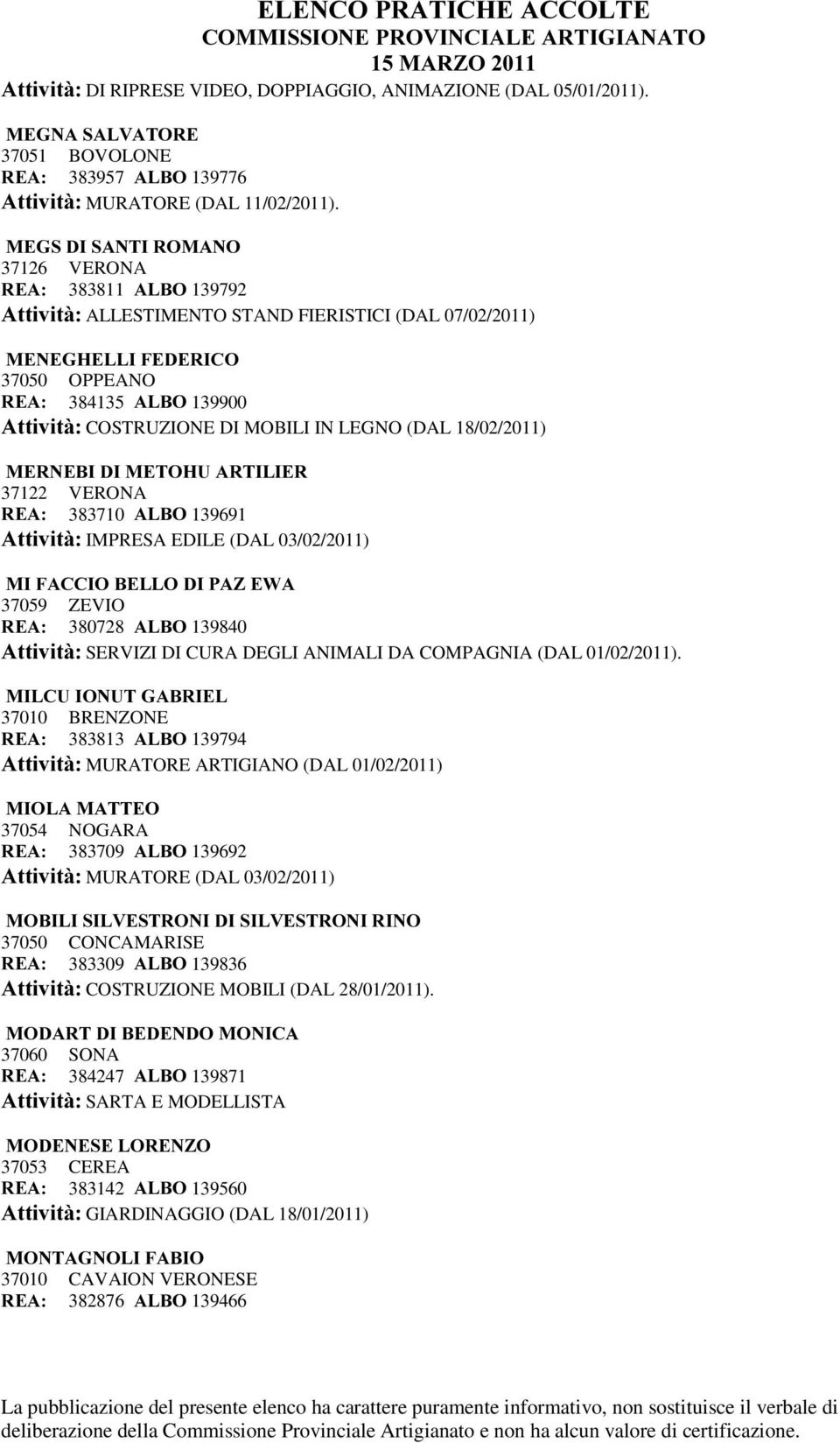 LEGNO (DAL 18/02/2011) 0(51(%,',0(72+8$57,/,(5 37122 VERONA 5($ 383710 $/%2 139691 $WWLYLWj IMPRESA EDILE (DAL 03/02/2011) 0,)$&&,2%(//2',3$=(:$ 37059 ZEVIO 5($ 380728 $/%2 139840 $WWLYLWj SERVIZI DI