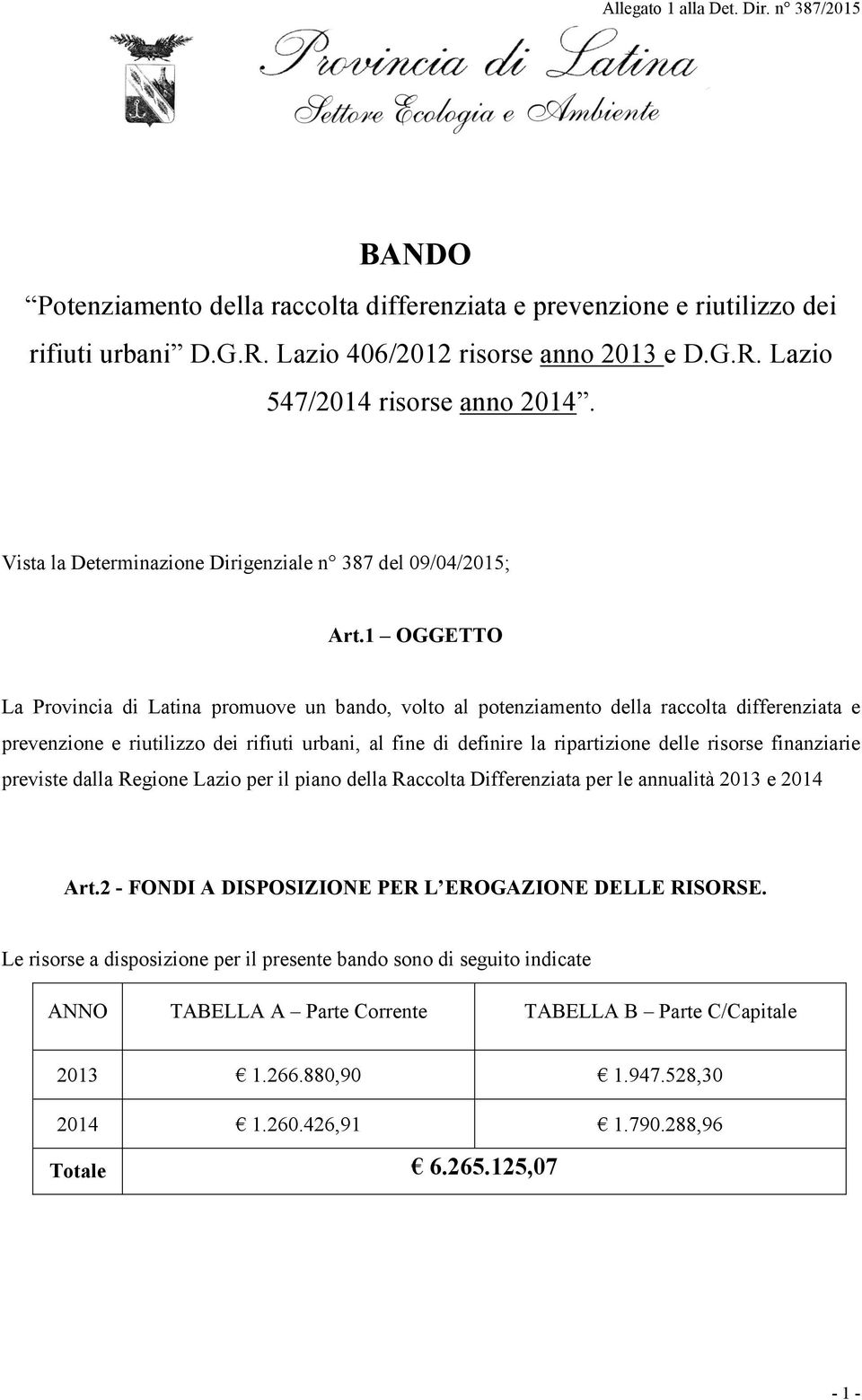 1 OGGETTO La Provincia di Latina promuove un bando, volto al potenziamento della raccolta differenziata e prevenzione e riutilizzo dei rifiuti urbani, al fine di definire la ripartizione delle