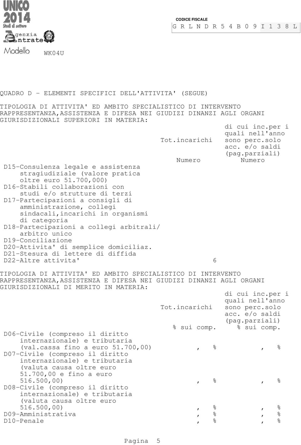 parziali) Numero Numero D-Consulenza legale e assistenza stragiudiziale (valore pratica oltre euro.