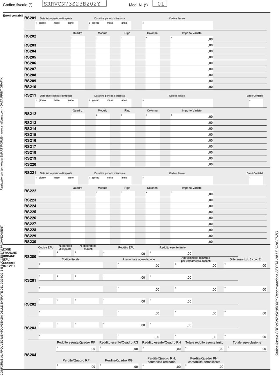 SUCCESSIVI PROVVEDIMENTI ZONE FRANCHE URBANE (ZFU) Sezione I Dati ZFU Quadro Modulo Rigo Colonna RS0 RS0 RS0 RS0 RS0 RS0 RS0 RS09 RS0 RS Data inizio periodo d imposta giorno mese anno Data fine