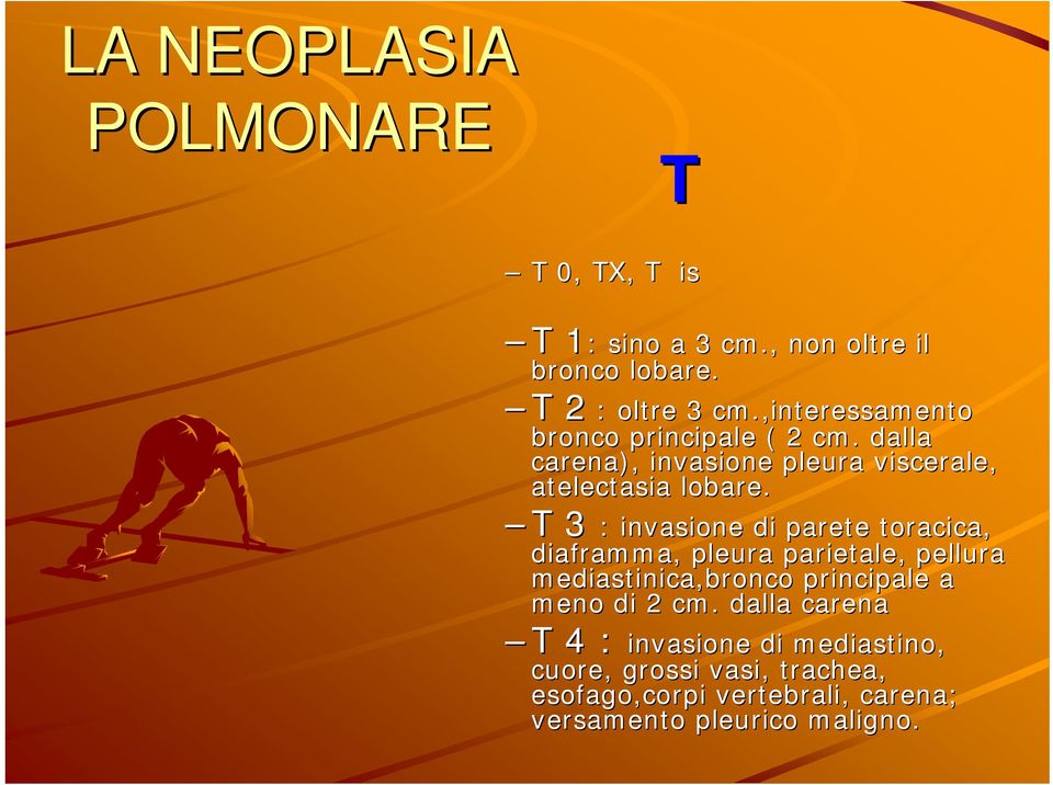 T 3 : invasione di parete toracica, diaframma, pleura parietale, pellura mediastinica,bronco principale a meno