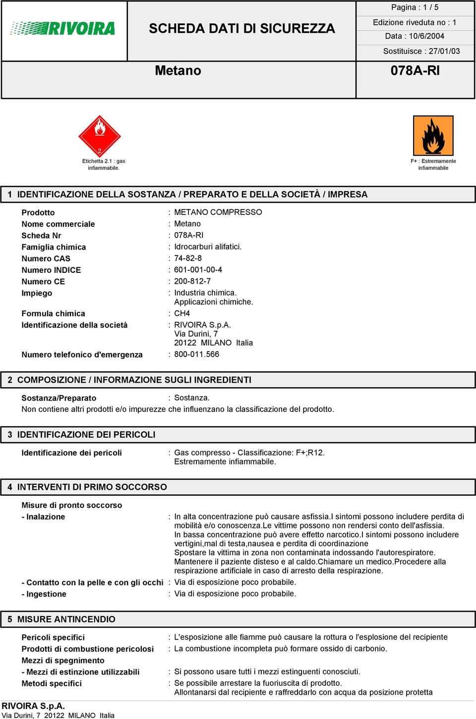 alifatici. Numero CAS : 74-82-8 Numero INDICE : 601-001-00-4 Numero CE : 200-812-7 Impiego : Industria chimica. Applicazioni chimiche.