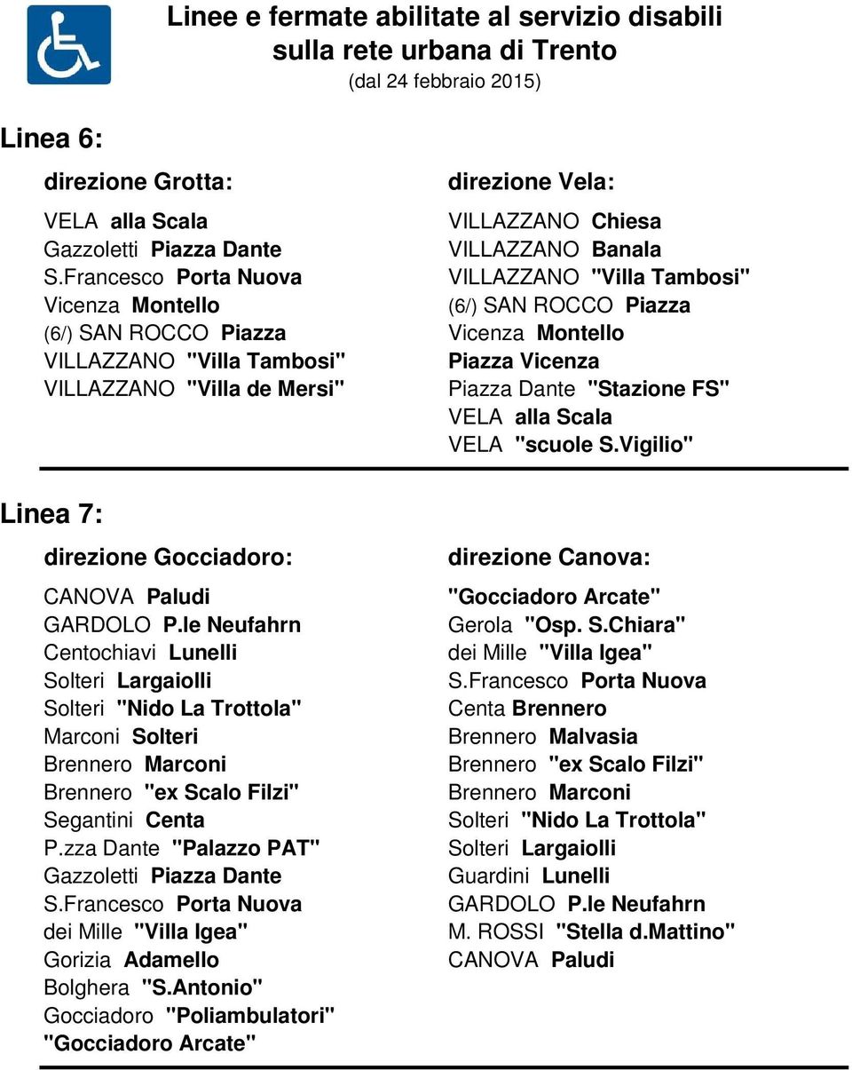 Vigilio" Linea 7: direzione Gocciadoro: CANOVA Paludi Centochiavi Lunelli Solteri Largaiolli Solteri "Nido La Trottola" Marconi Solteri P.