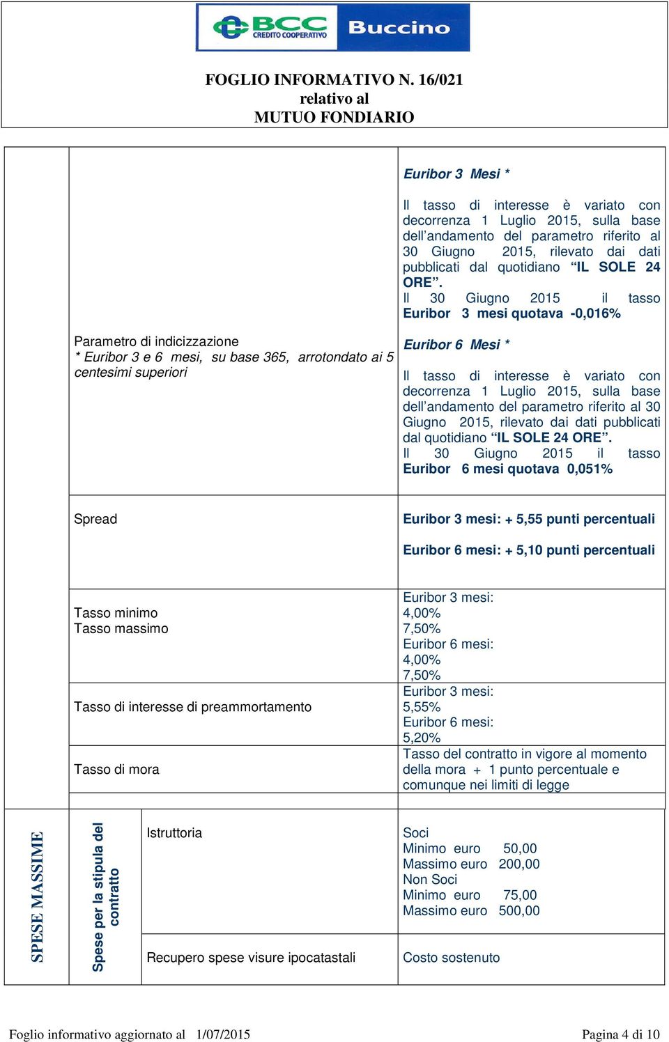 Il 30 Giugno 2015 il tasso Euribor 3 mesi quotava -0,016% Euribor 6 Mesi * Il tasso di interesse è variato con decorrenza 1 Luglio 2015, sulla base dell  Il 30 Giugno 2015 il tasso Euribor 6 mesi