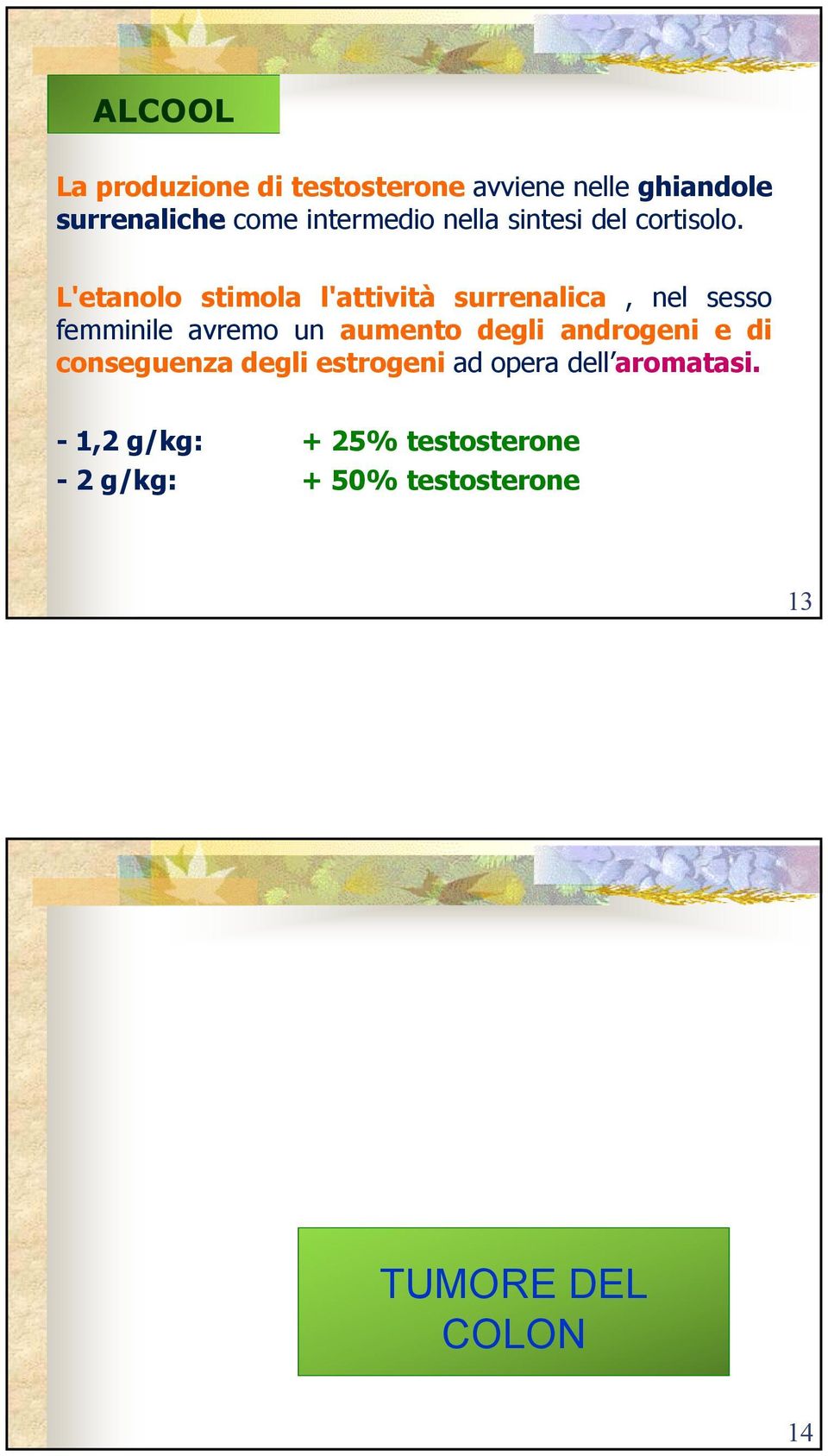 L'etanolo stimola l'attività surrenalica, nel sesso femminile avremo un aumento degli